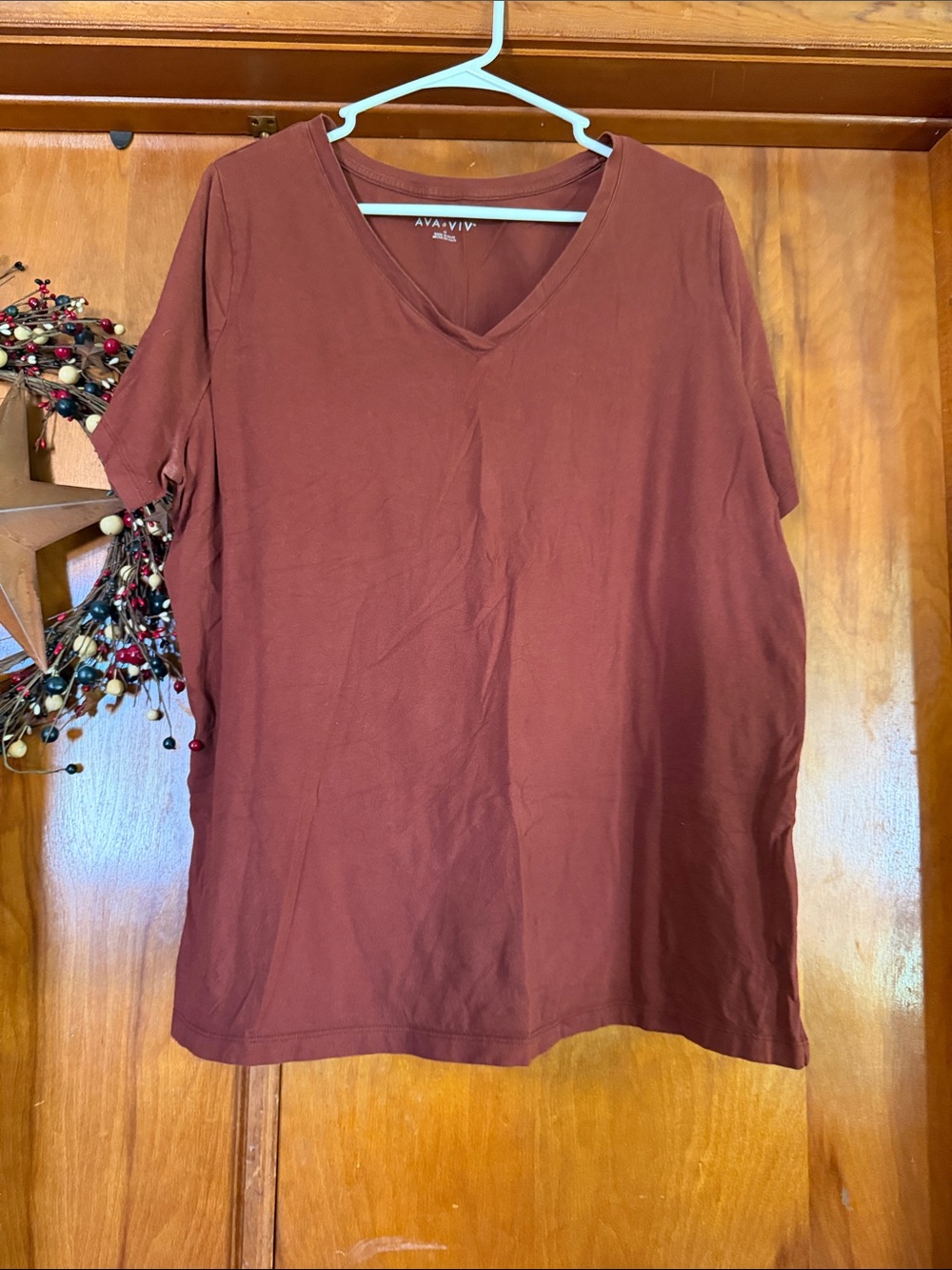 Ava & Viv Women's V-Neck Short Sleeve Top - Rust Brown